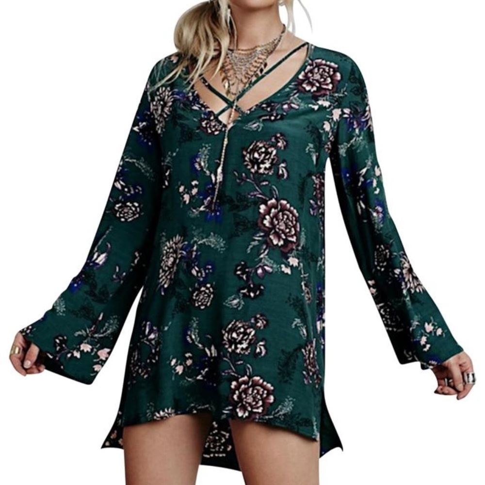Free People Emerald Floral Mini Tunic Dress
